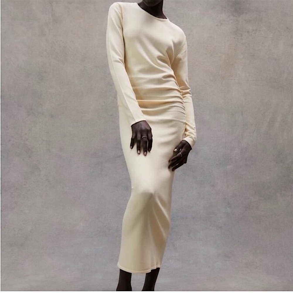 Zara Long-Sleeve Draped Knit Bodycon Minimalist Midi Dress, Beige Cream, Size‎ S